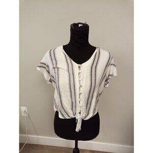 Juniors Sim and Sam Button Down Striped Tie Waist Crop Top Size Large
